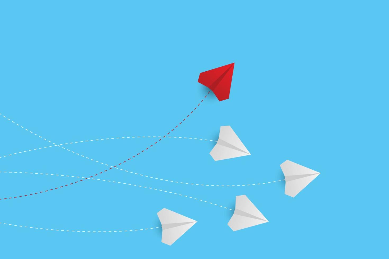 aviões de papel criativos sobre fundo azul. pense diferente conceito. avião vermelho mudando de direção. nova ideia, mudança, tendência, coragem, solução criativa, inovação e conceito único. vetor
