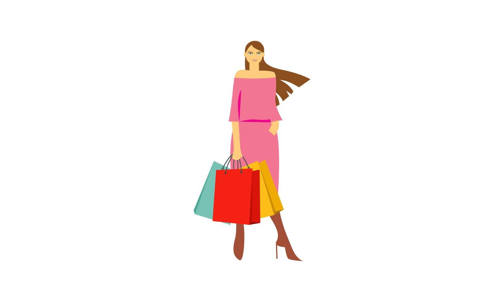 mulher de compras segurando o vetor de logotipo de ilustração de sacos
