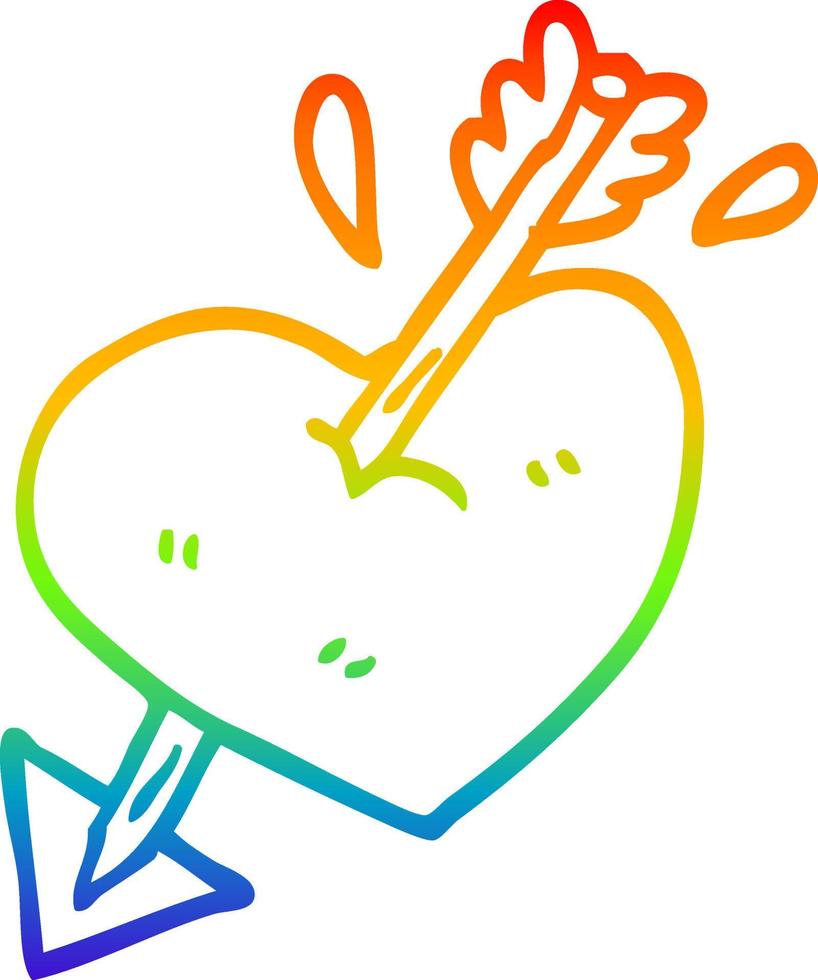 desenho de linha de gradiente de arco-íris coração de desenho animado atravessado com seta vetor