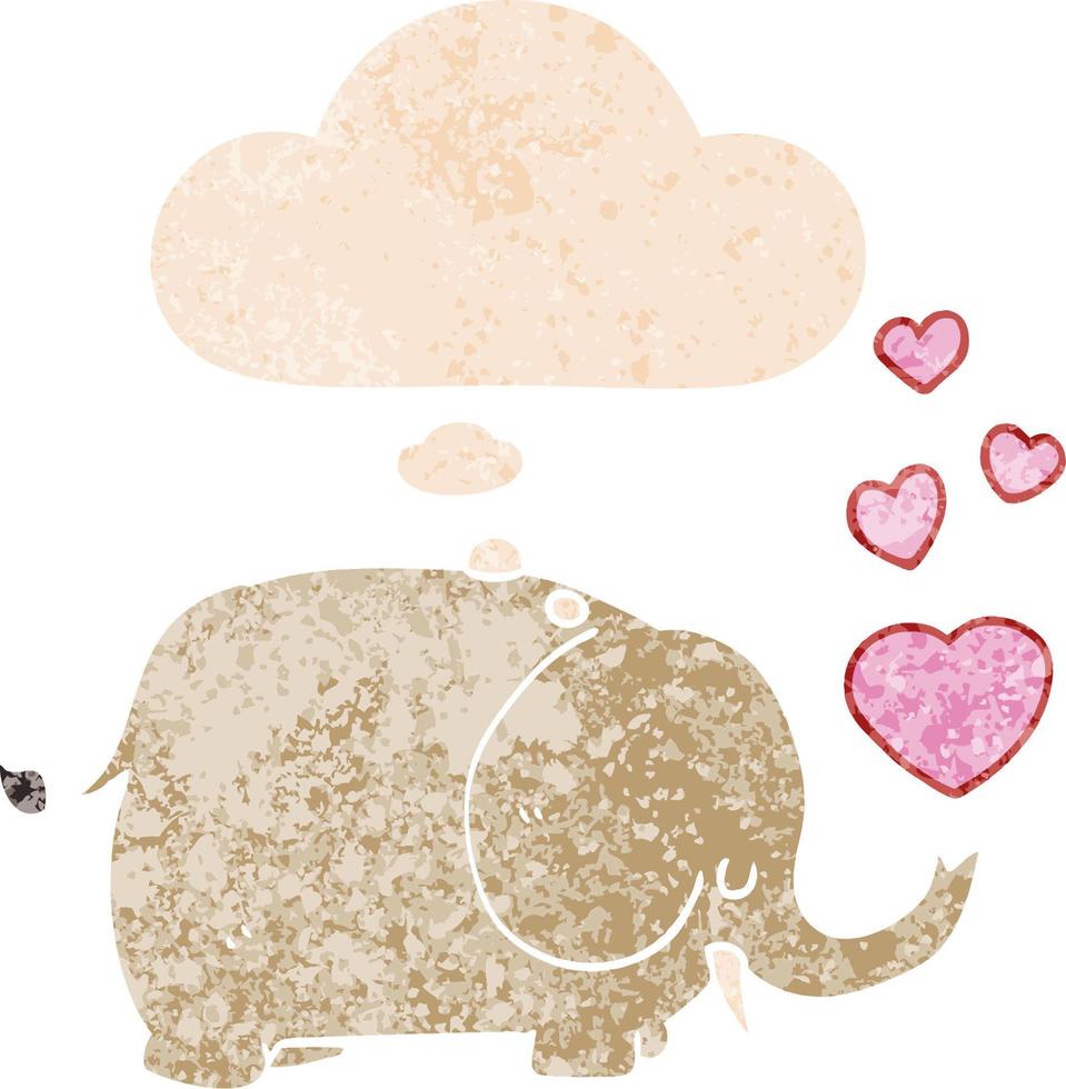 elefante bonito dos desenhos animados com corações de amor e balão de pensamento em estilo retrô texturizado vetor