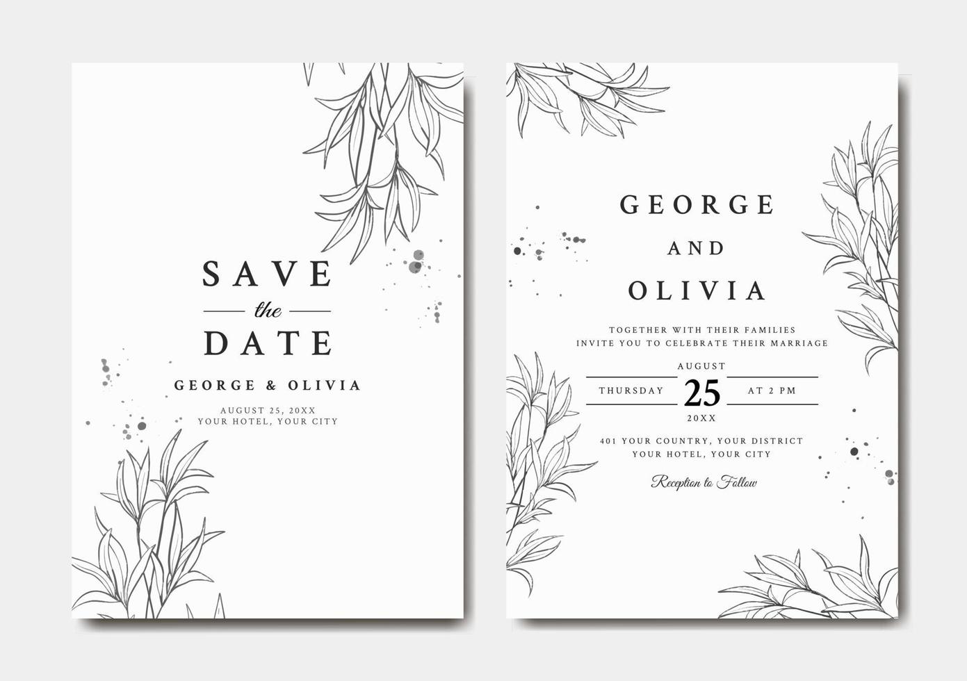 modelo de convite de casamento elegante com folhas de arte de linha vetor