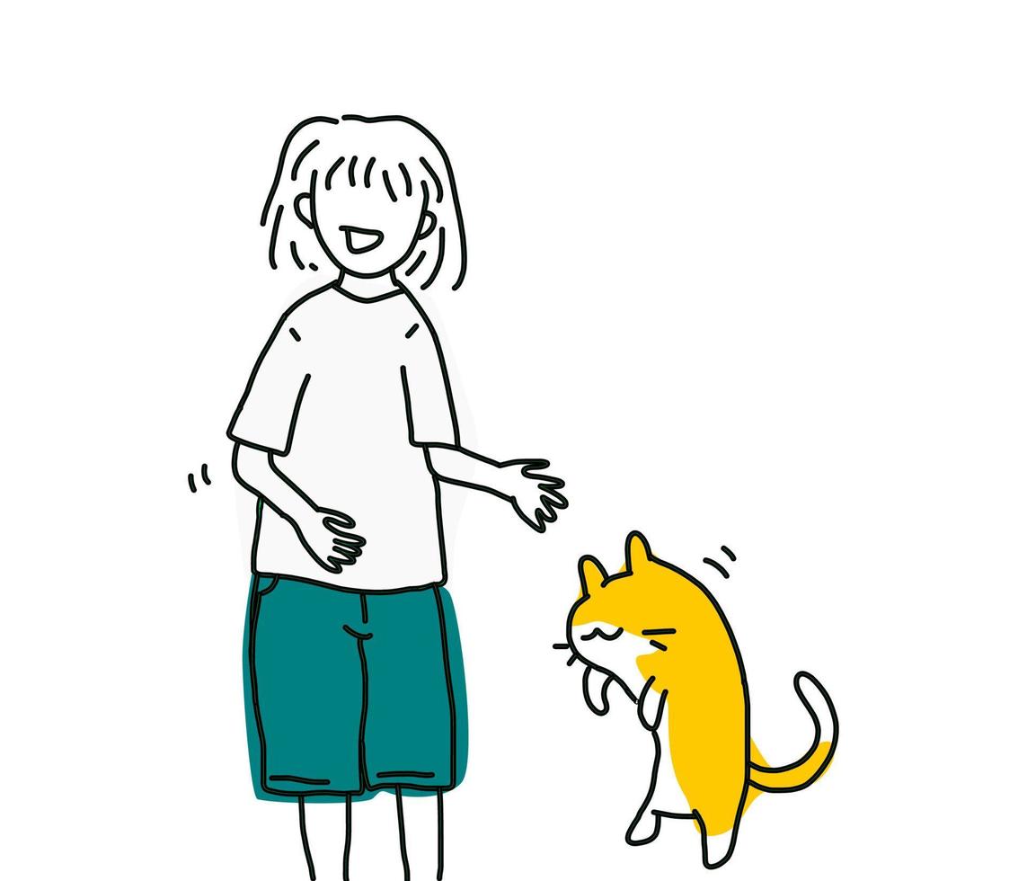 uma menina e um desenho de vetor de doodle de gato laranja