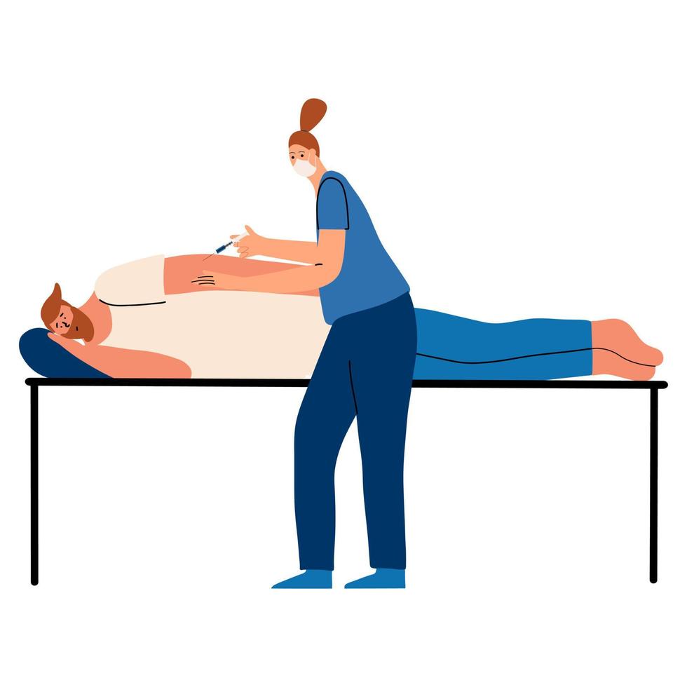 um homem está deitado em uma cama de hospital e recebe uma vacina. um médico dá uma injeção a uma pessoa. ilustração vetorial em um estilo simples. vetor