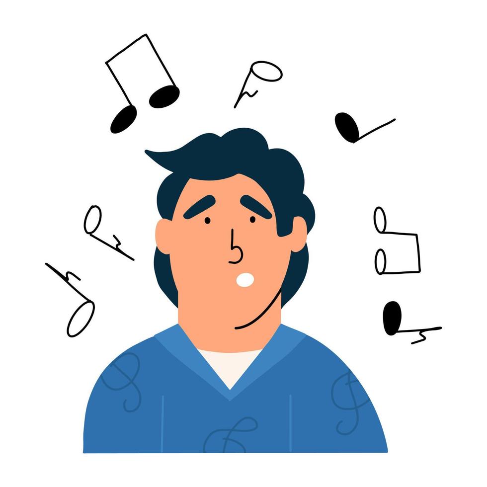 o homem cantarola uma melodia. música obsessiva na cabeça. ilustração vetorial em chiqueiro plano vetor