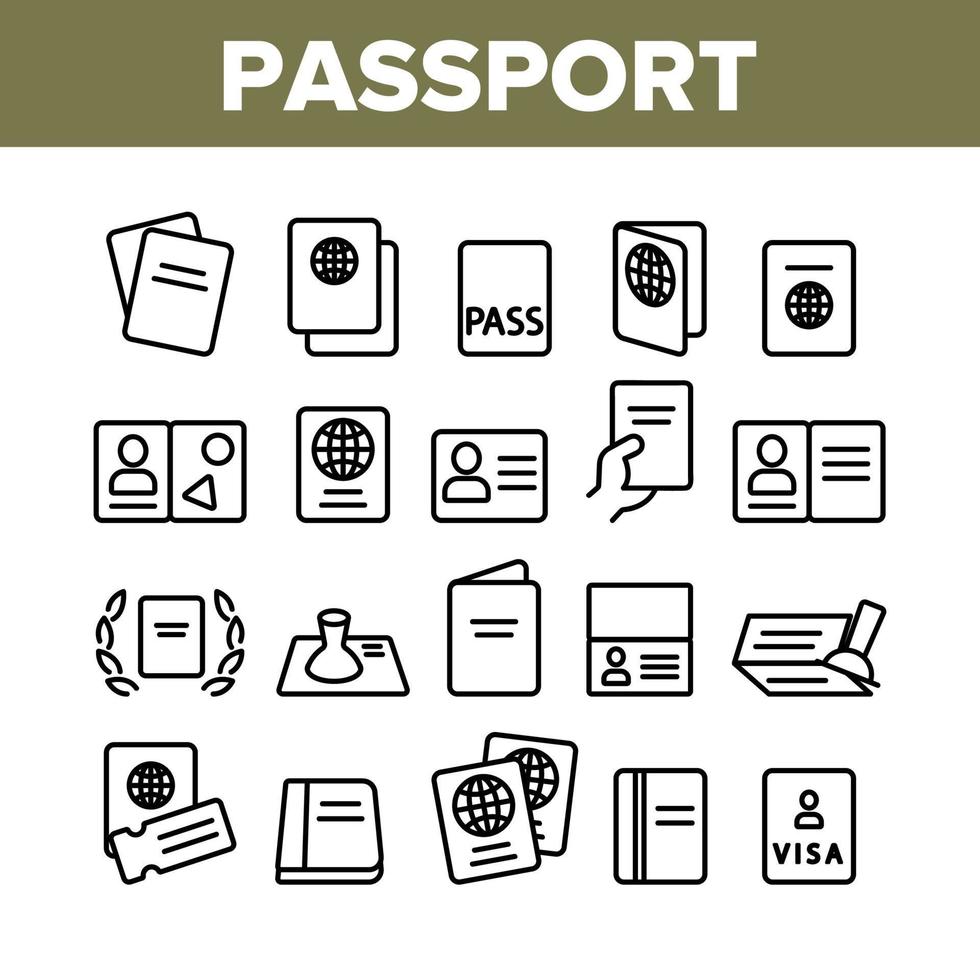 conjunto de ícones de elementos de coleção de passaporte vetor