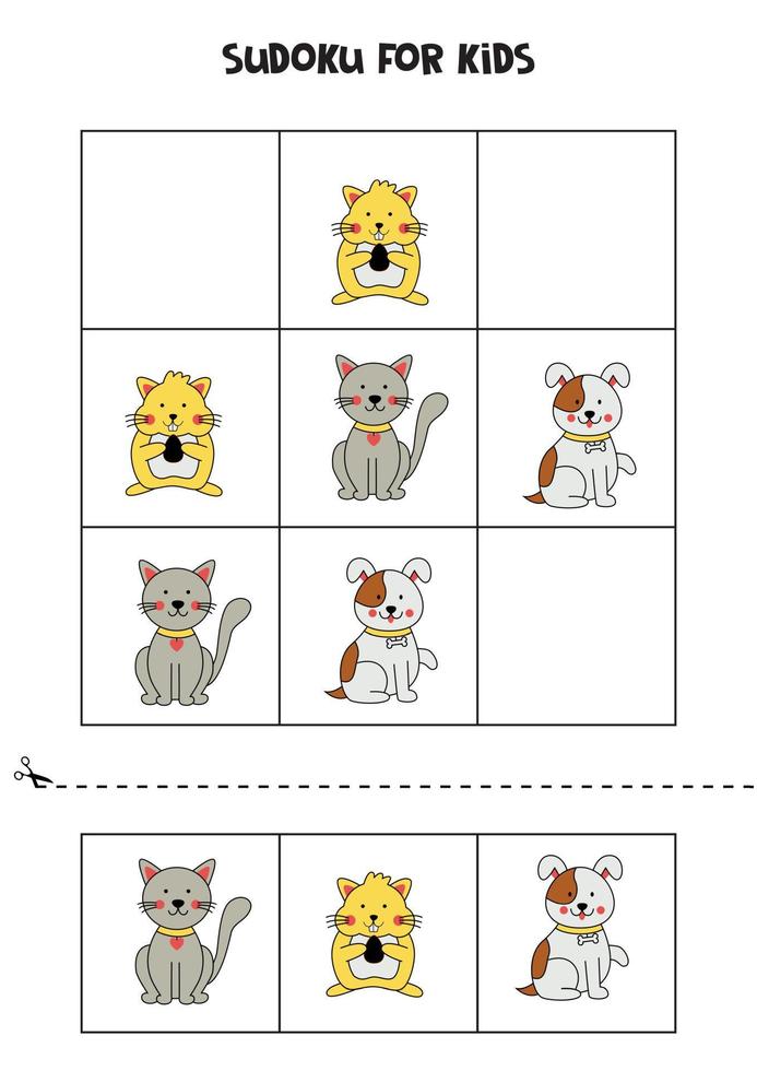 jogo educacional de sudoku com cachorro fofo, gato e hamster. vetor