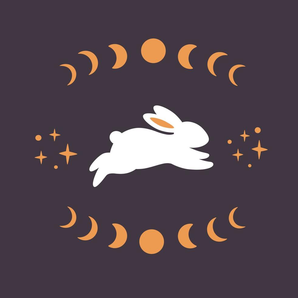 coelho branco fofo com elementos astrológicos e esotéricos. fases da lua, estrelas, magia. ano do coelho vetor