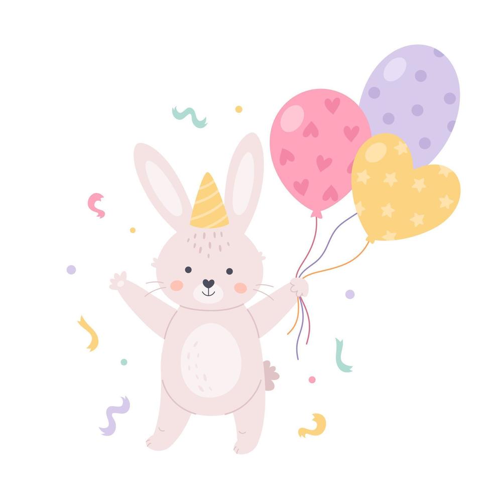 cartão de feliz aniversário. lindo coelho branco com balões, chapéu de aniversário e serpentina vetor
