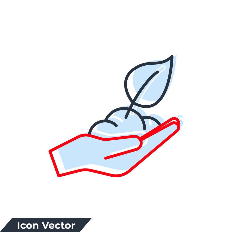 ilustração em vetor ecologia ícone logotipo. mão com modelo de símbolo de planta para coleção de design gráfico e web