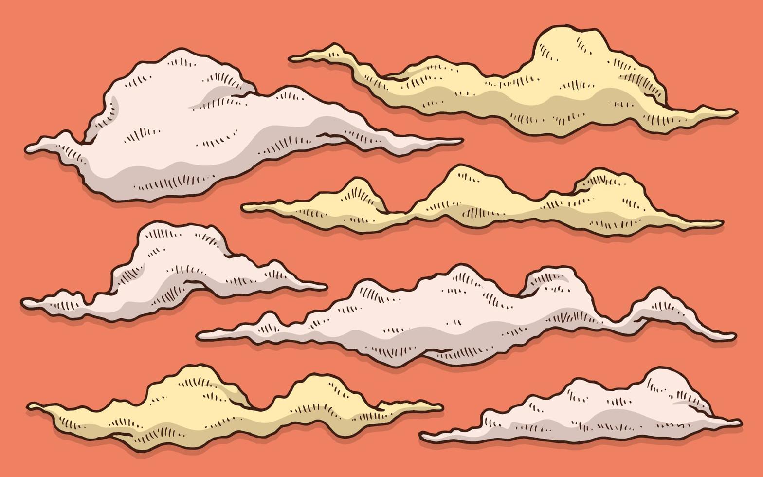 coleção de conjunto de desenho de mão de fumaça e nuvem com fundo laranja vetor