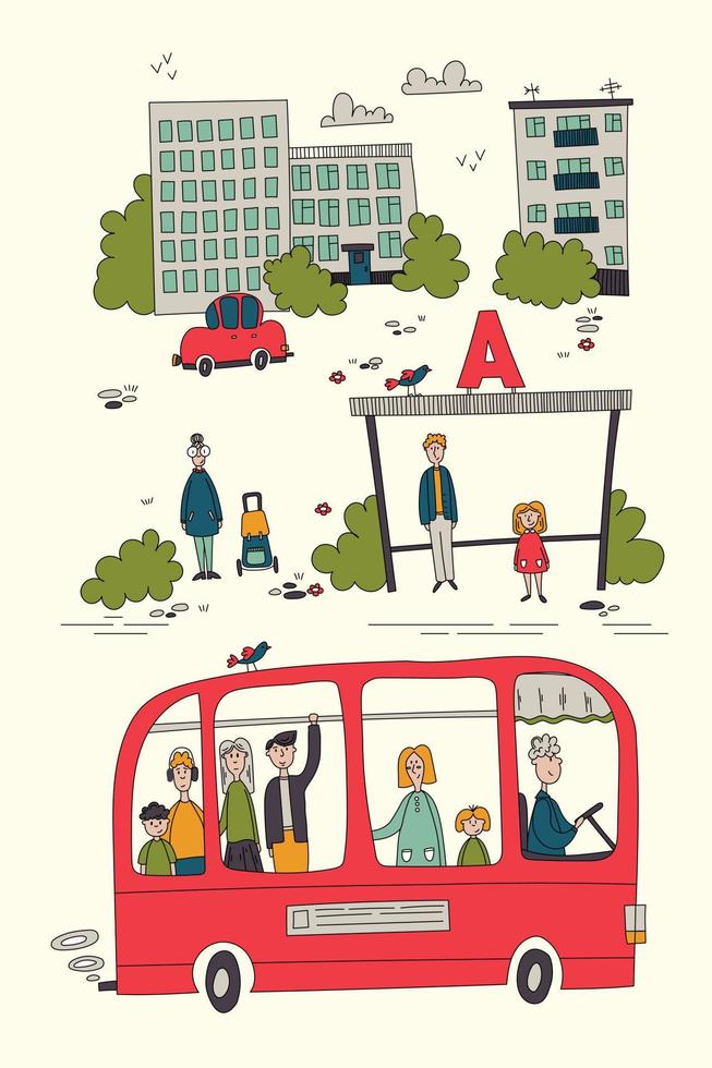 paisagem urbana com ônibus, ponto de ônibus. passageiros no ponto de ônibus e no ônibus. doodle desenhado à mão. vetor