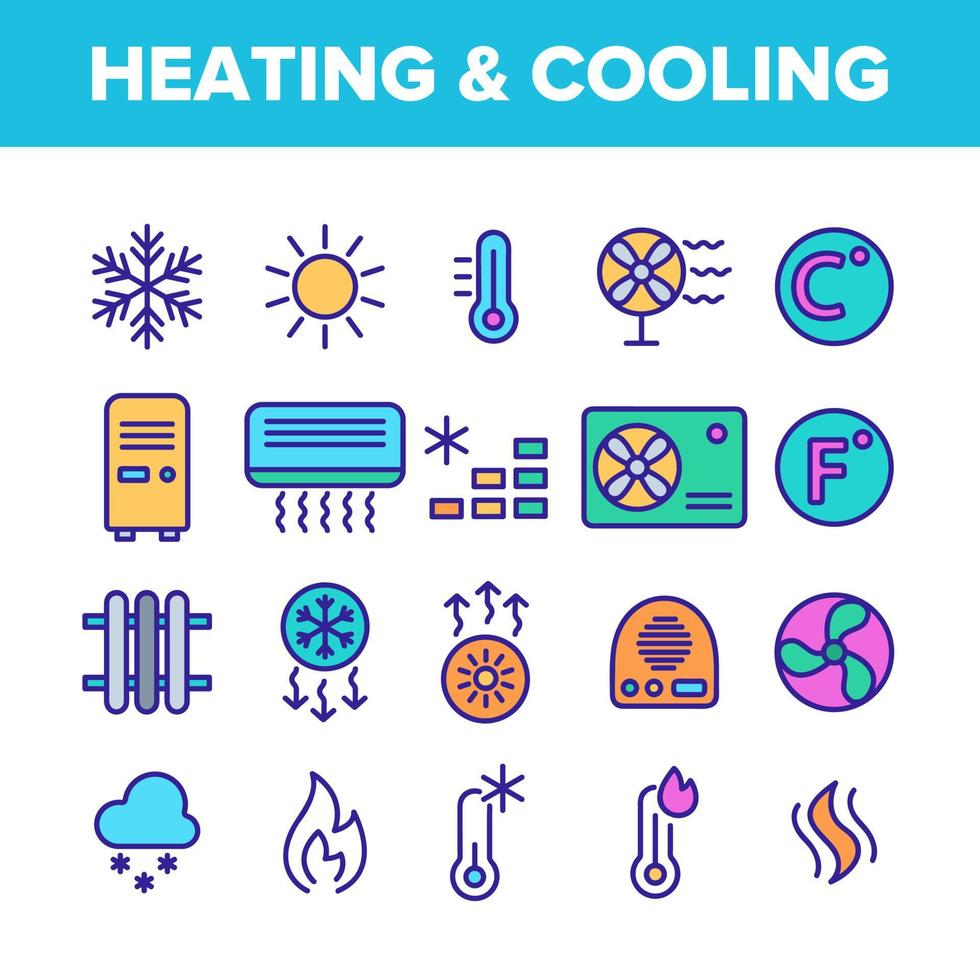 conjunto de ícones lineares de vetor de sistema de aquecimento e resfriamento de cor