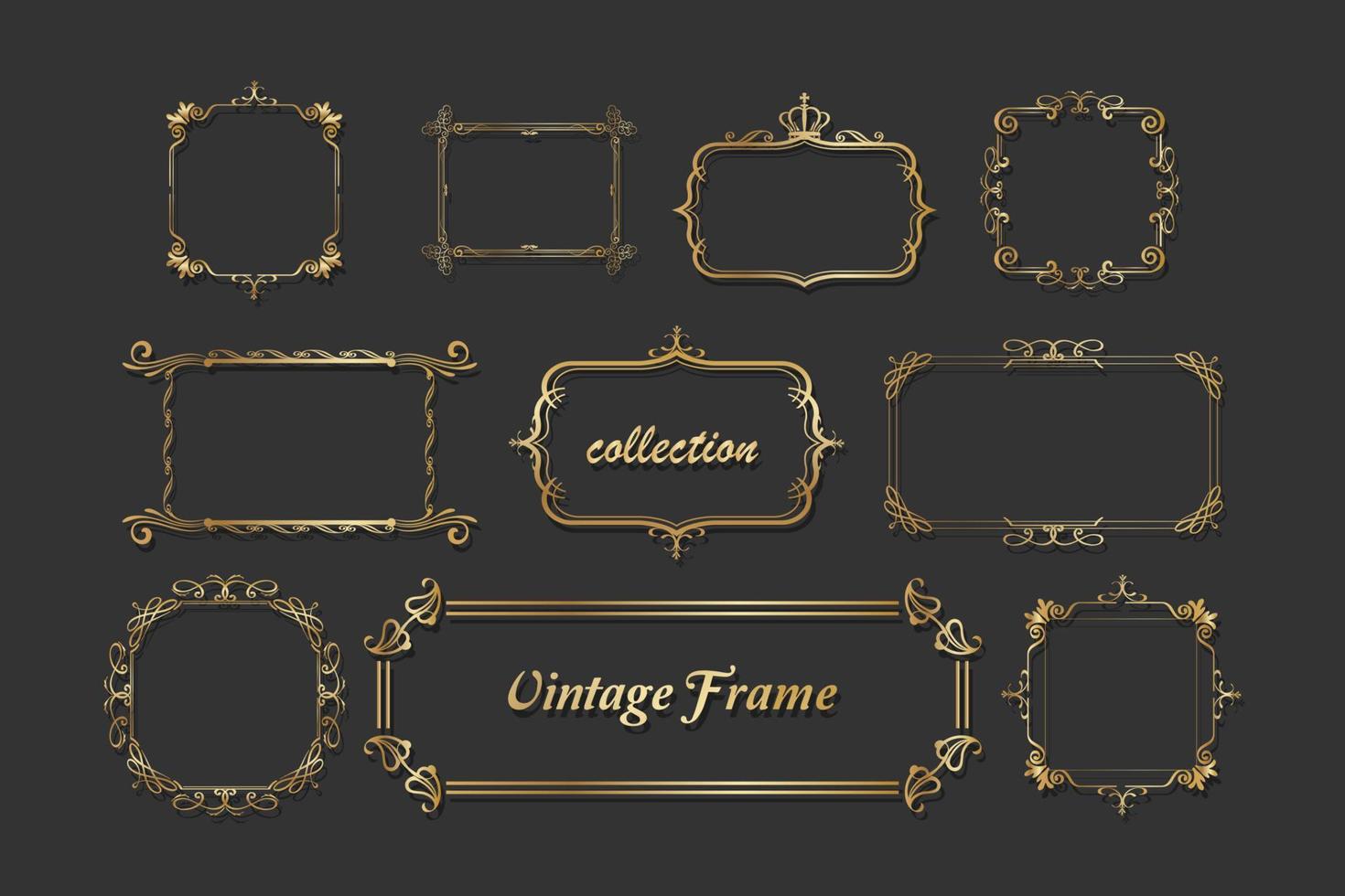 coleção de várias formas de moldura dourada elegantes e luxuosas, ornamentos de canto de borda, caligrafia vintage, ilustração vetorial vetor