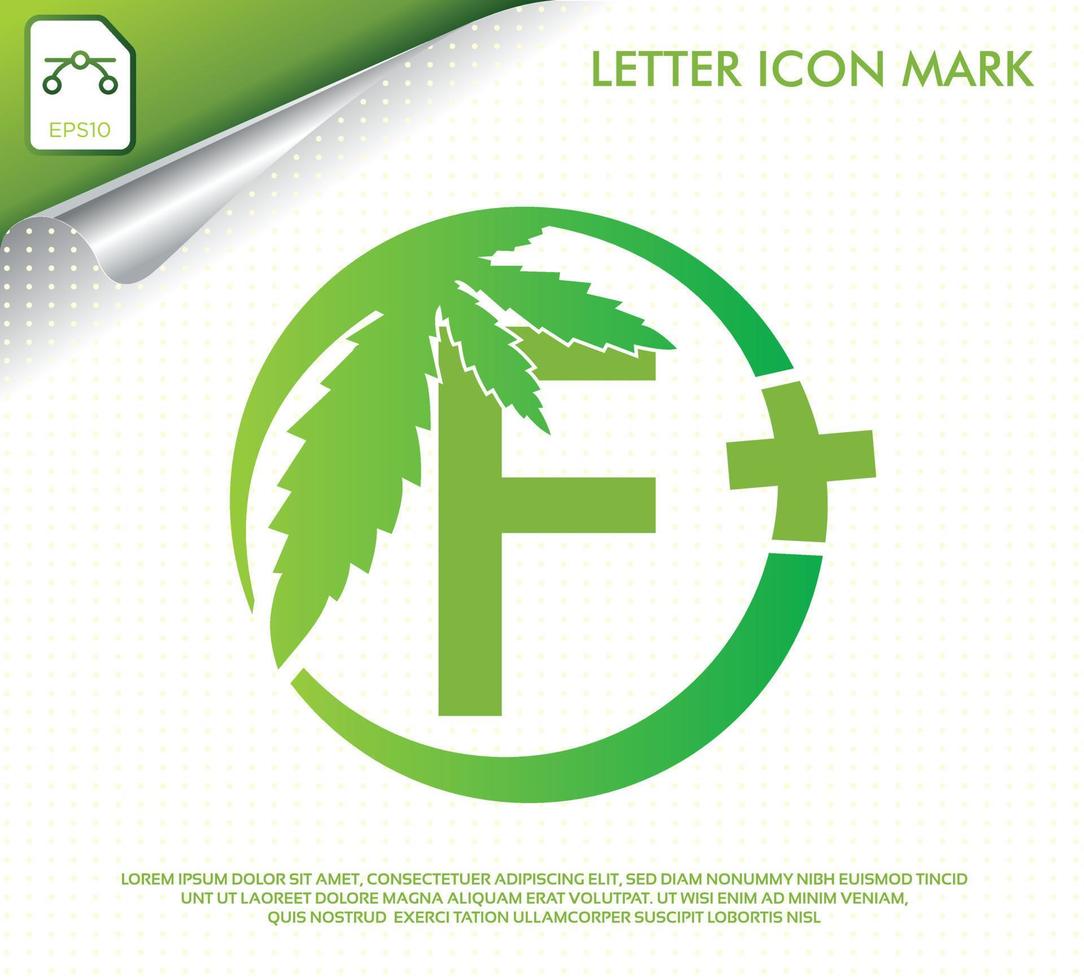 letra f com design de logotipo de vetor de folha de cannabis verde