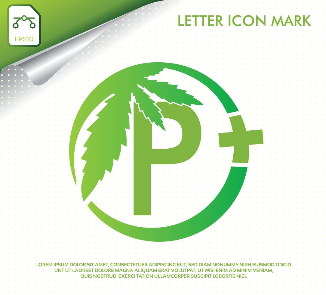 letra p com design de logotipo de vetor de folha de cannabis verde
