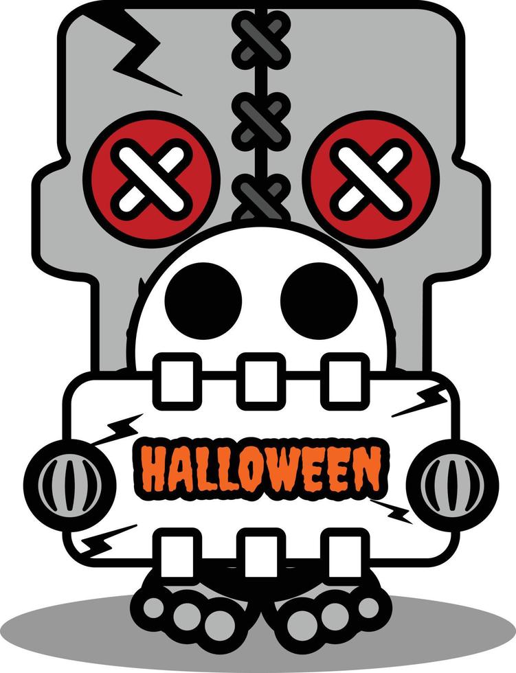 vector mascote dos desenhos animados personagem de halloween crânio boneca de vodu bonito segurando a placa de halloween