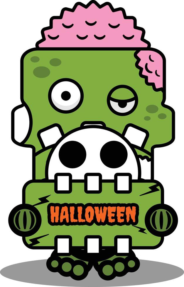 vetor dos desenhos animados personagem de mascote de halloween zumbi de caveira verde bonito segurando a placa de halloween