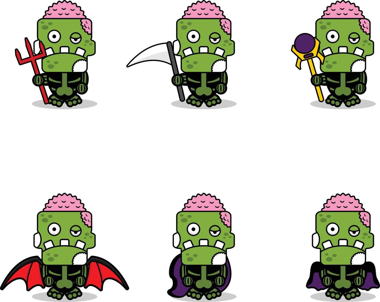 vetor de desenho animado personagem mascote halloween zumbi verde crânio bonito conjunto de pacote de bruxa
