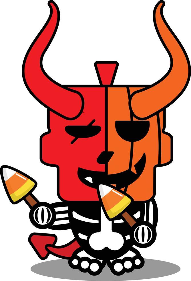 desenho vetorial bonito mascote crânio abóbora diabo personagem vermelho segurando doces vetor