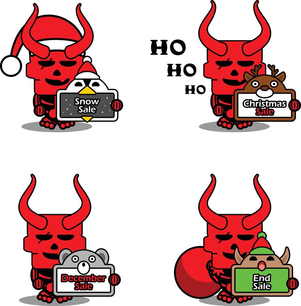 personagem de mascote de vetor de desenho animado diabo vermelho crânio bonito conjunto de pacotes de venda de natal