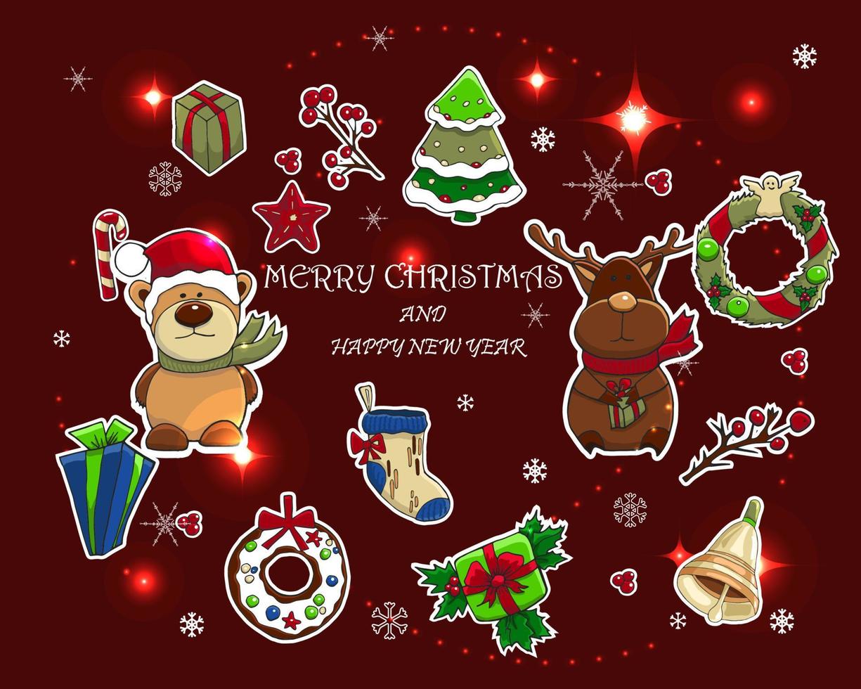 feriado ano novo e cartão vetorial de natal. personagens fofos de natal no fundo vermelho escuro. texto feliz natal e feliz ano novo. vetor