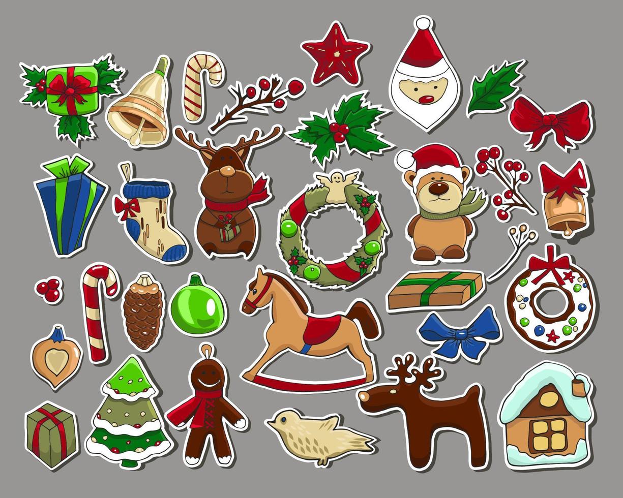 patches bonitos e adesivos ano novo e coleção de natal. personagens de desenhos animados desenhados à mão e coisas de natal. rena, ursinho de pelúcia, papai noel, boneco de neve, grinalda, presentes, homem de gengibre, bolas de natal. vetor