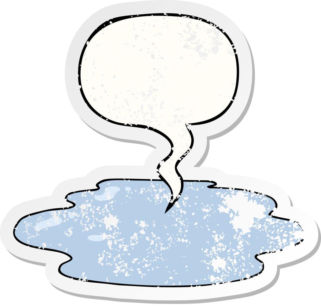 poça de desenho animado de água e adesivo angustiado de bolha de fala vetor