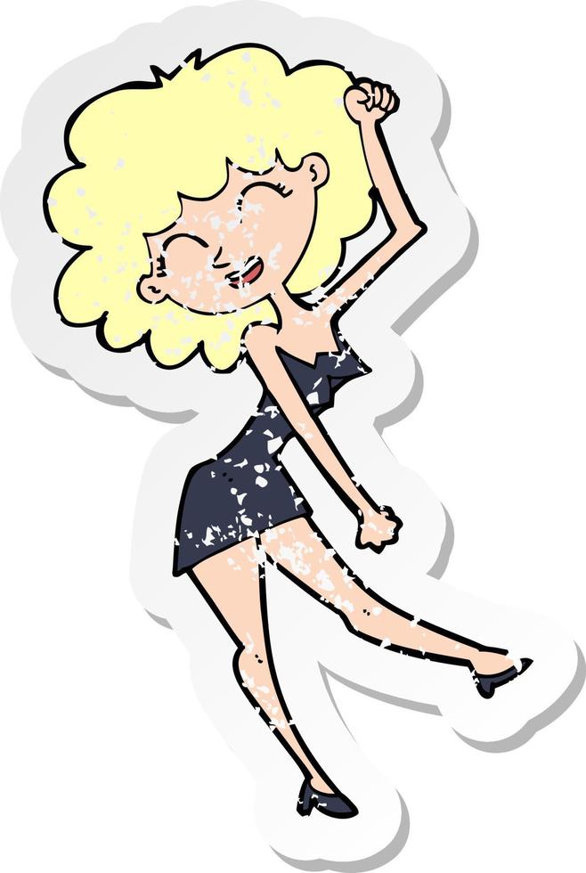 adesivo retrô angustiado de uma mulher dançando de desenho animado vetor