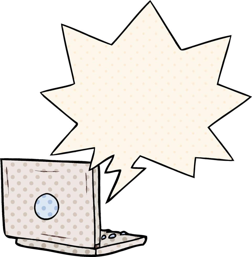 computador portátil de desenho animado e bolha de fala no estilo de quadrinhos vetor