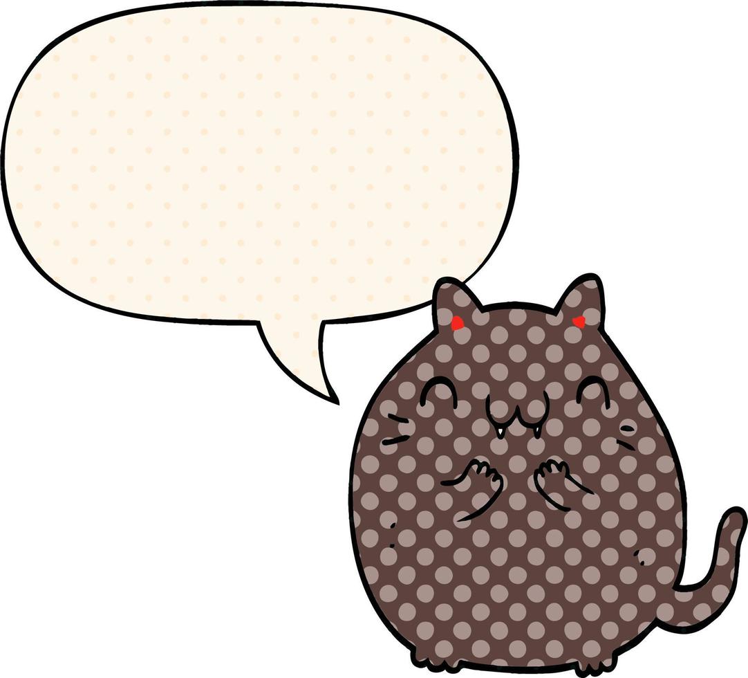 gato de desenho animado feliz e bolha de fala no estilo de quadrinhos vetor