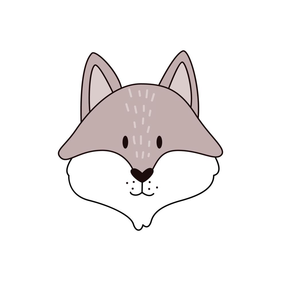 cabeça de lobo cinzento dos desenhos animados isolada. ilustração vetorial colorida de uma cabeça de lobo com um contorno em um fundo branco. ilustração fofa de um animal predador. vetor