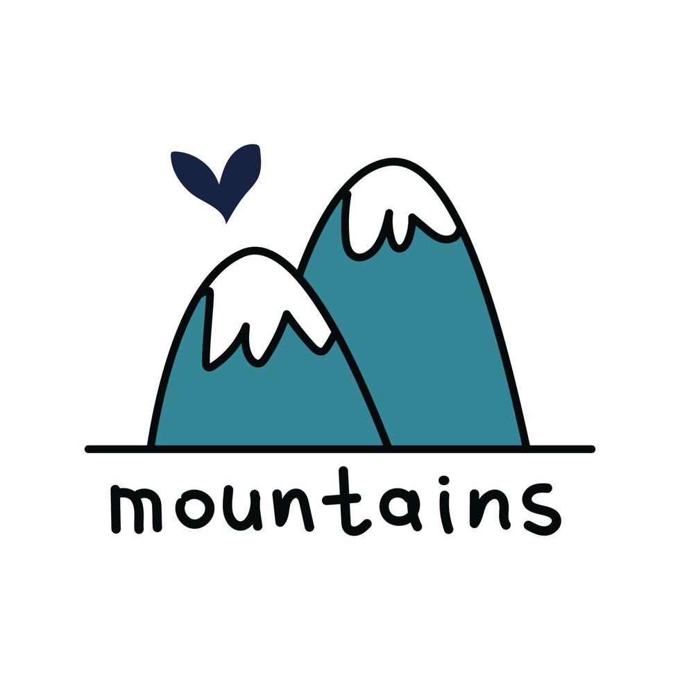 montanhas de doodle simples com um coração. montanhas azuis arredondadas com cumes nevados. Ilustração em vetor estoque de picos de montanhas com texto isolado no fundo branco.