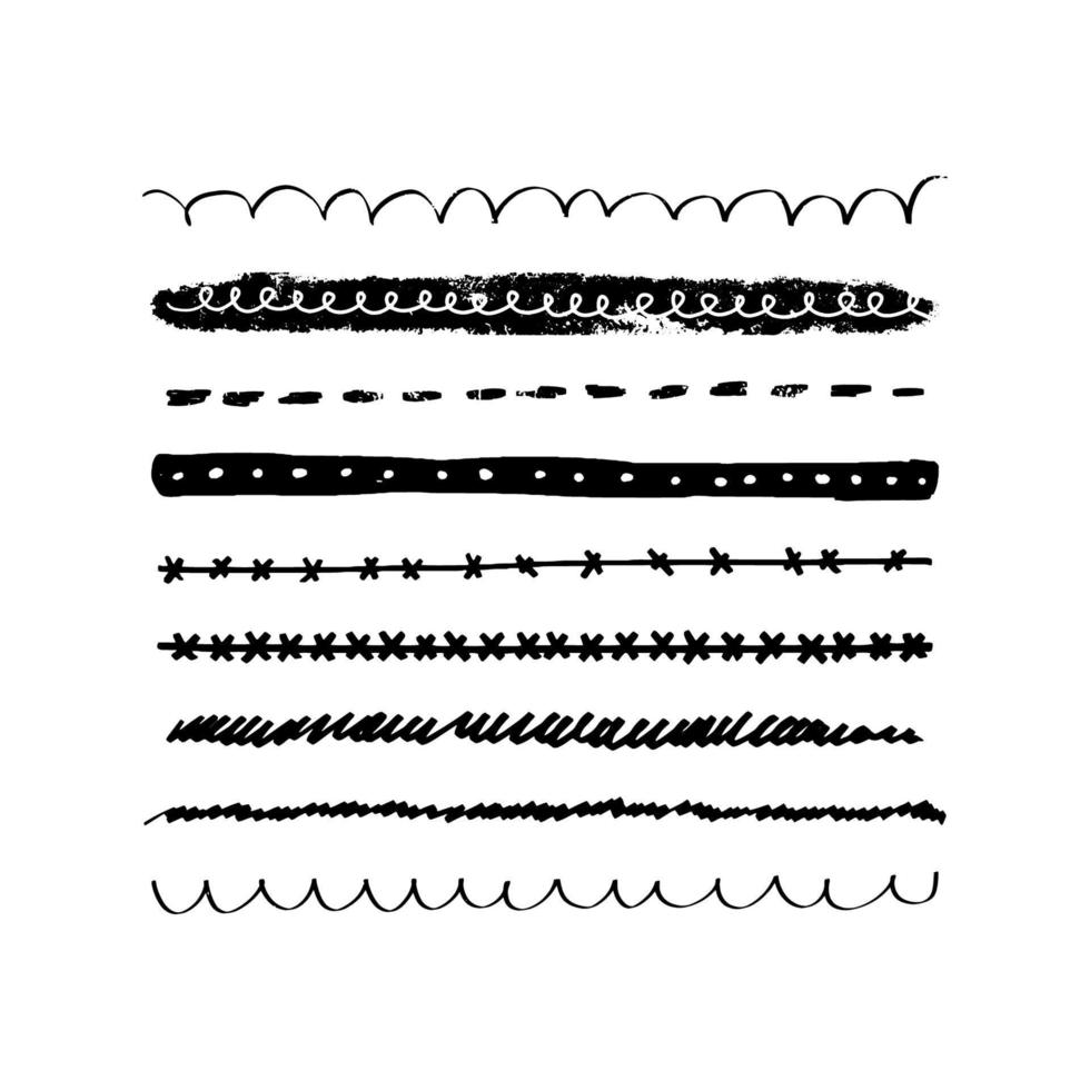 linhas de ornamento desenhadas à mão. um conjunto de padrões de linha variados. ilustração em vetor de padrões gráficos para quadros, destaques, sublinhados, bordas em um fundo branco.