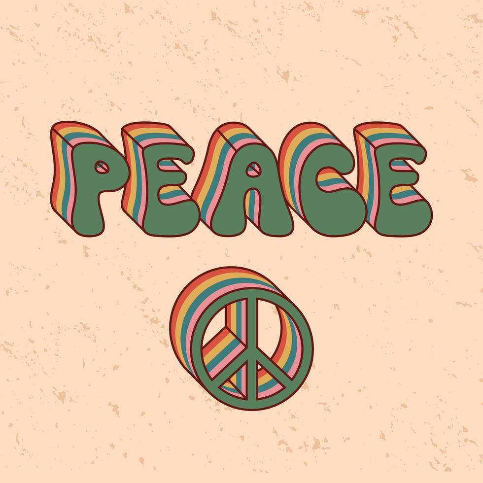 letras groovy de vetor isolado com símbolo de paz em plano de fundo texturizado. palavra de paz de arco-íris retrô dos anos 70