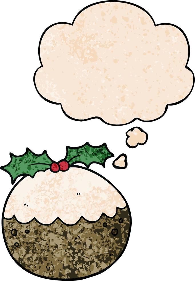 pudim de natal dos desenhos animados e balão de pensamento no estilo de padrão de textura grunge vetor