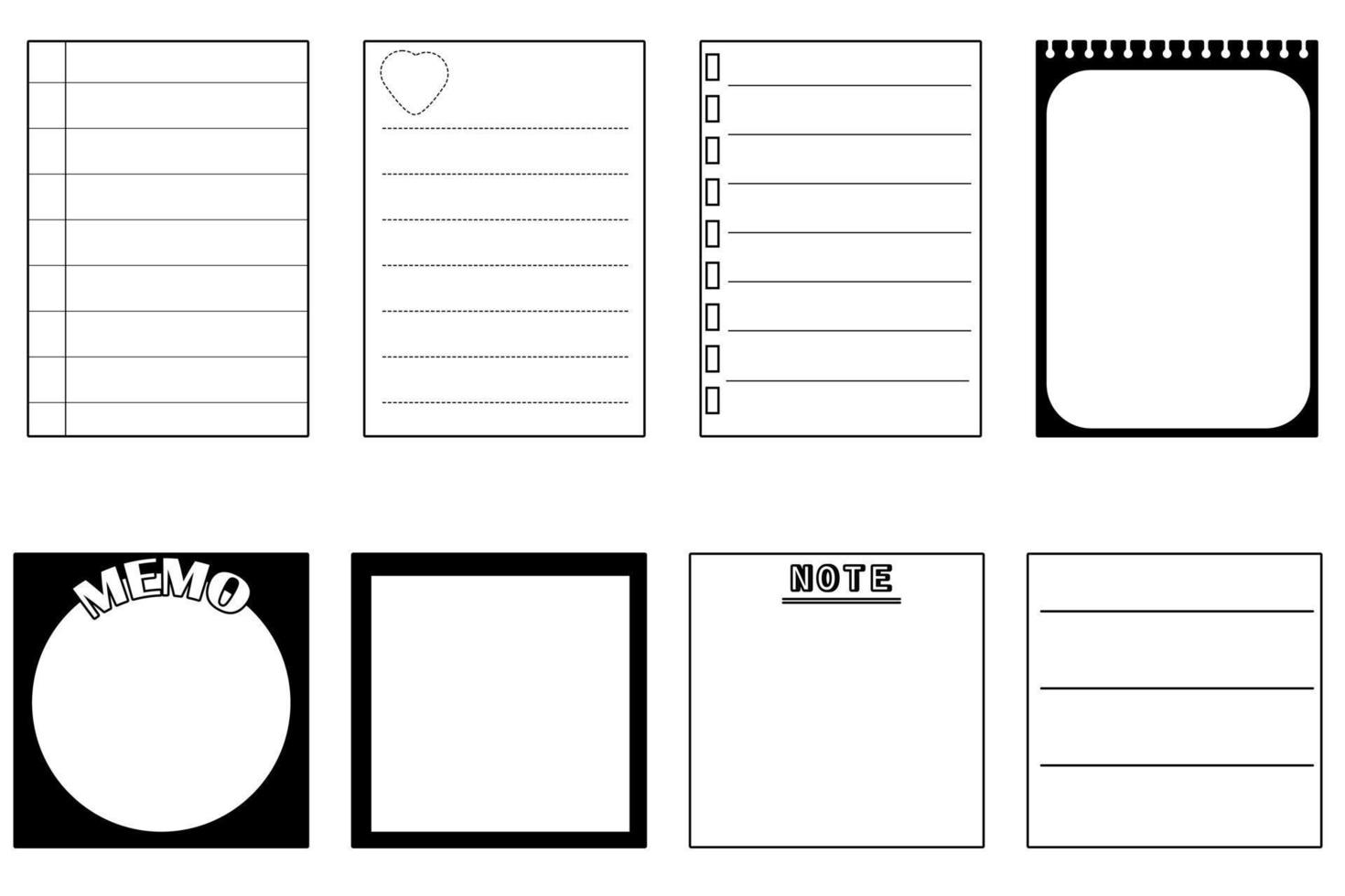 conjunto do bloco de notas preto e branco em branco, memorando, linha listrada, planejador, papel, nota autoadesiva, lembrete, modelo de diário. bonito, simples e imprimível vetor