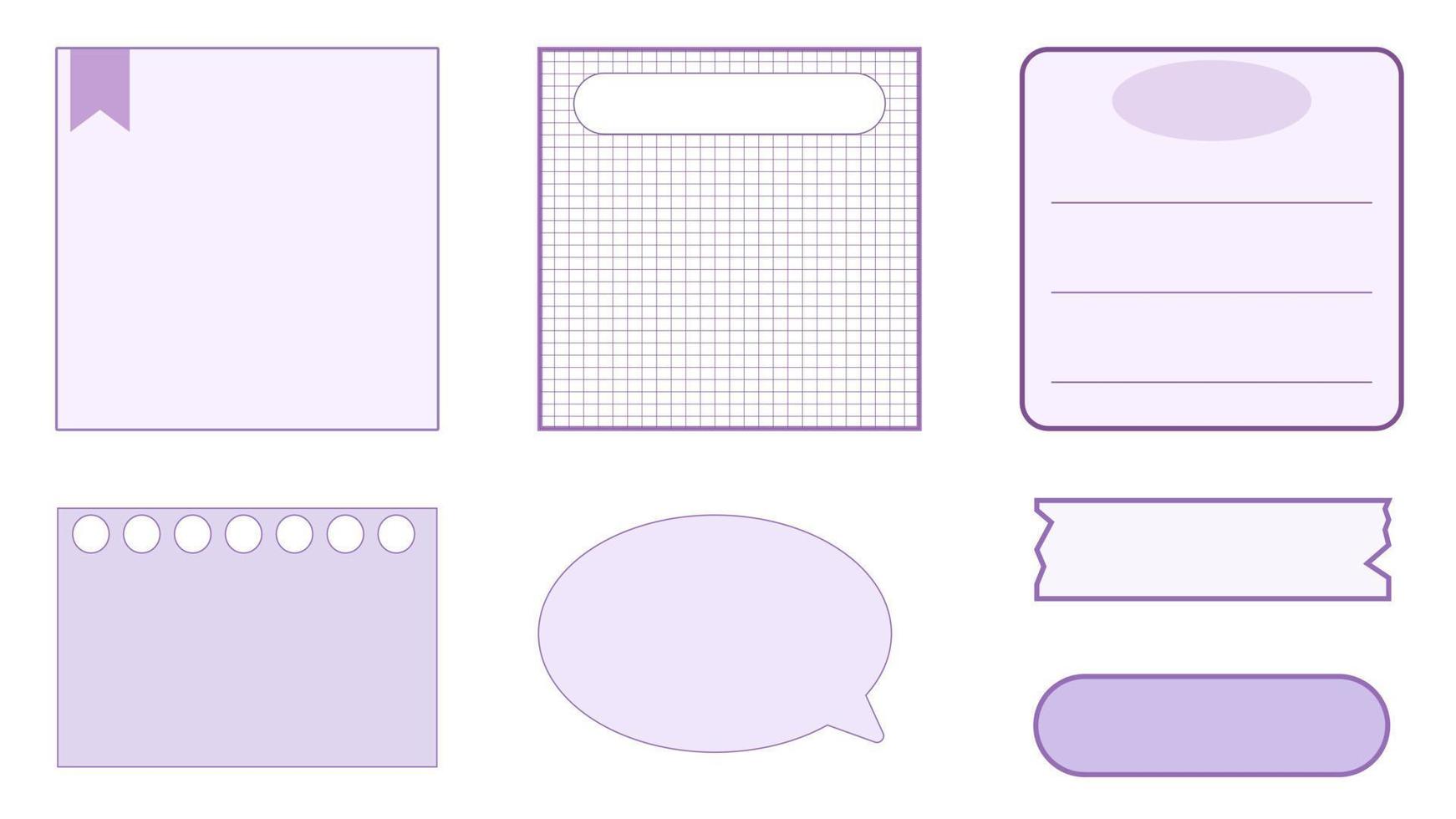 conjunto do bloco de notas de modelo de planejador roxo bonito, memorando, papel de grade, nota auto-adesiva, lembrete, diário e bolha. bonito, simples e imprimível para o seu design vetor