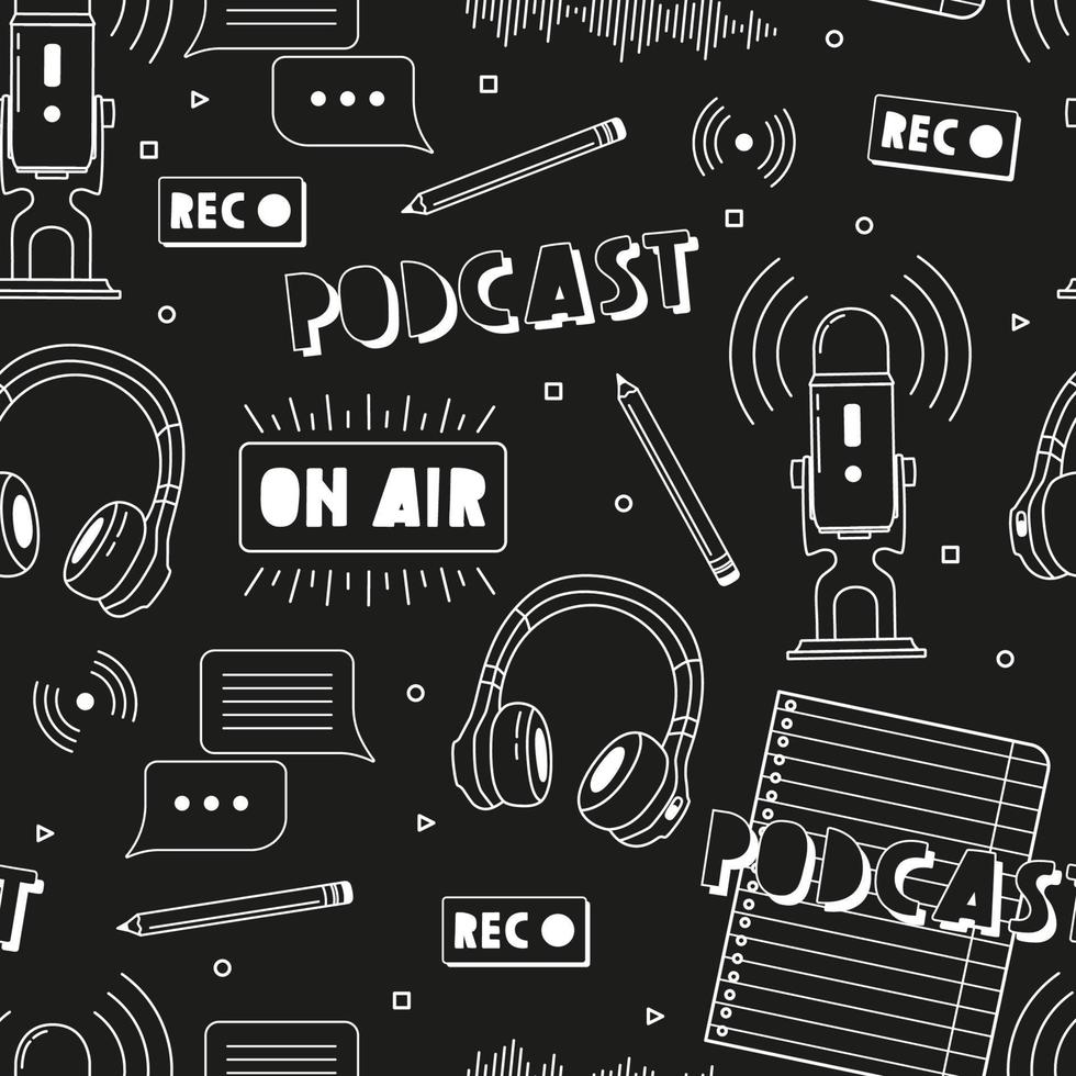 fones de ouvido, microfone, lista de notas, chá, padrão sem emenda de ícones de bolhas do discurso. gravação e audição de podcast, rádio online, conceito de serviço de streaming de áudio. mão desenhada ilustrações vetoriais isoladas. vetor