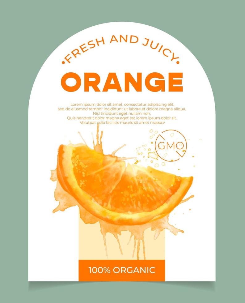 rótulo, embalagem de frutas frescas e suculentas de laranja. produto orgânico natural, livre de OGM. texto com frutas realistas em aquarela na base branca. modelo para o seu produto. vetor