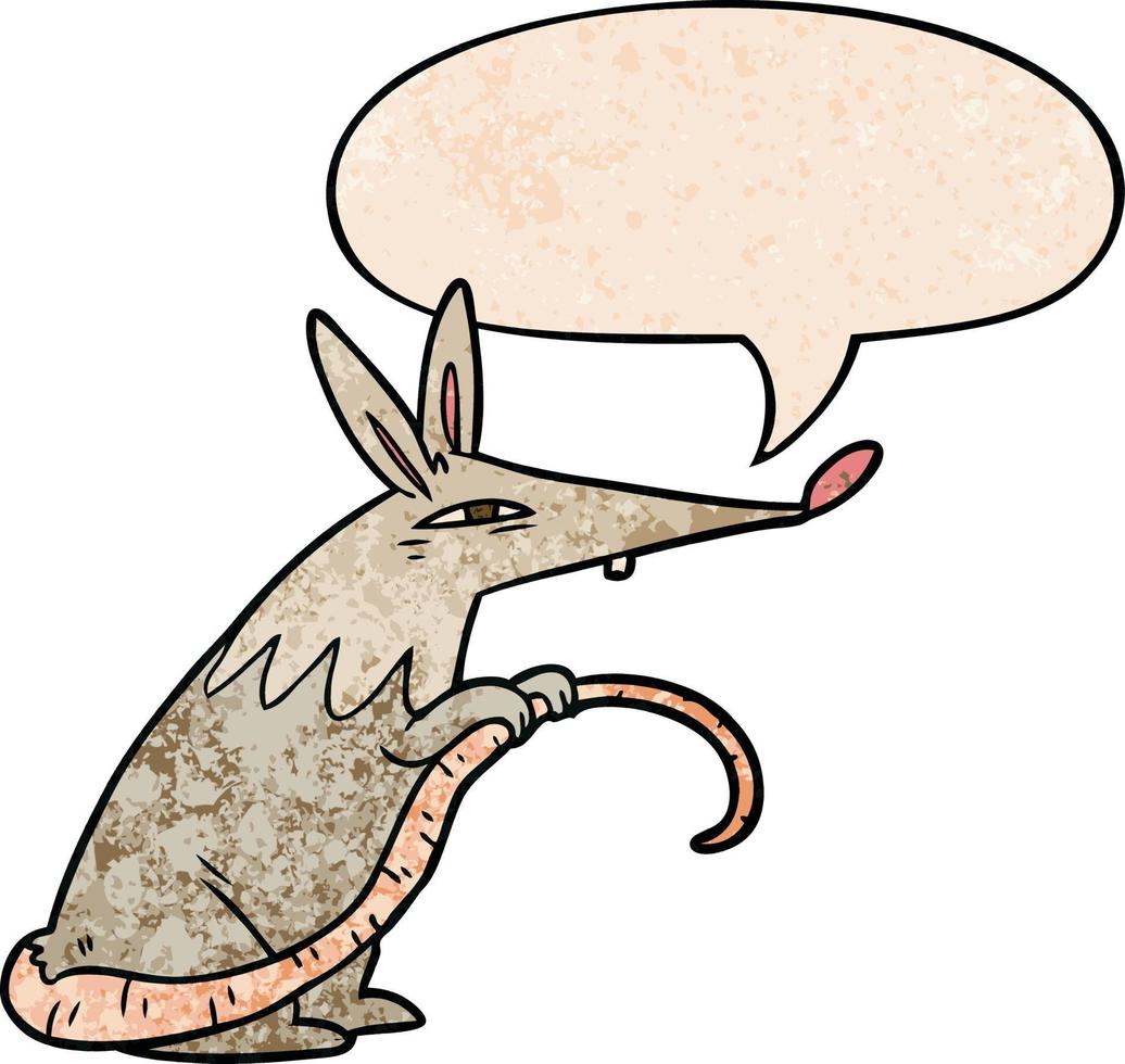 rato sorrateiro de desenho animado e bolha de fala no estilo de textura retrô vetor