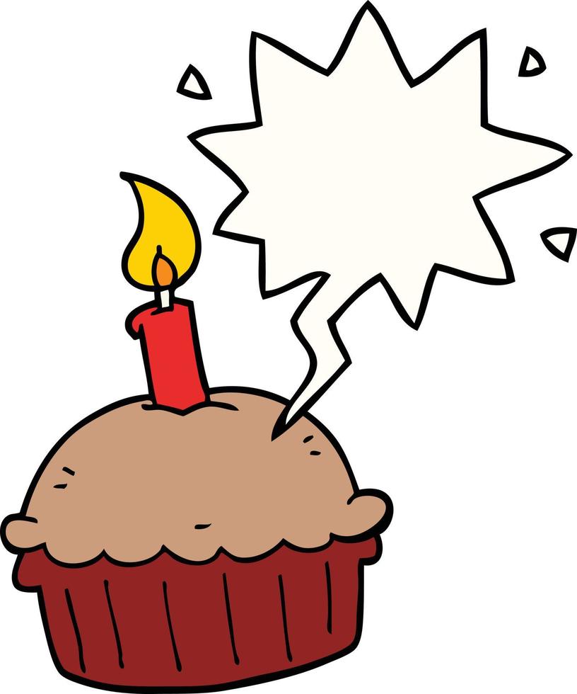 cupcake de aniversário dos desenhos animados e bolha do discurso vetor