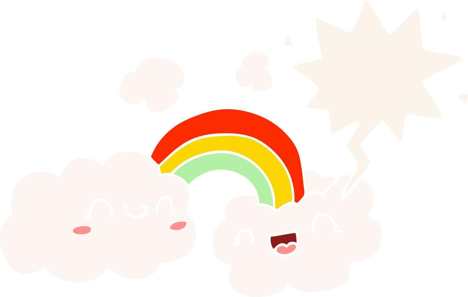 nuvens de desenho animado feliz e arco-íris e bolha de fala em estilo retrô vetor