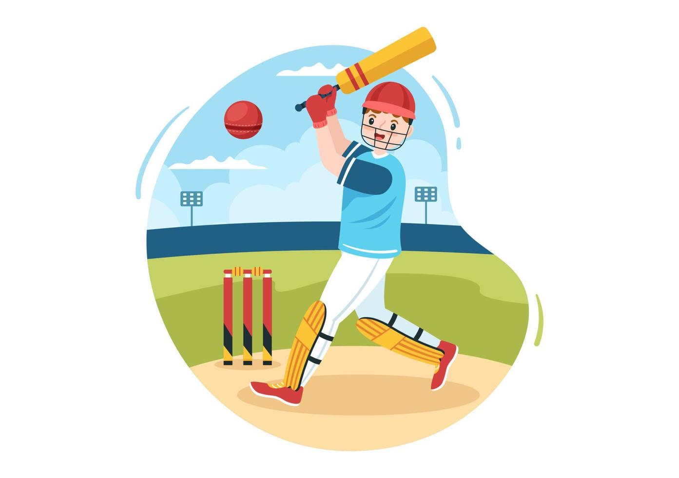 batedor jogando esportes de críquete com bola e taco em ilustração de fundo de campo de desenho animado plano vetor