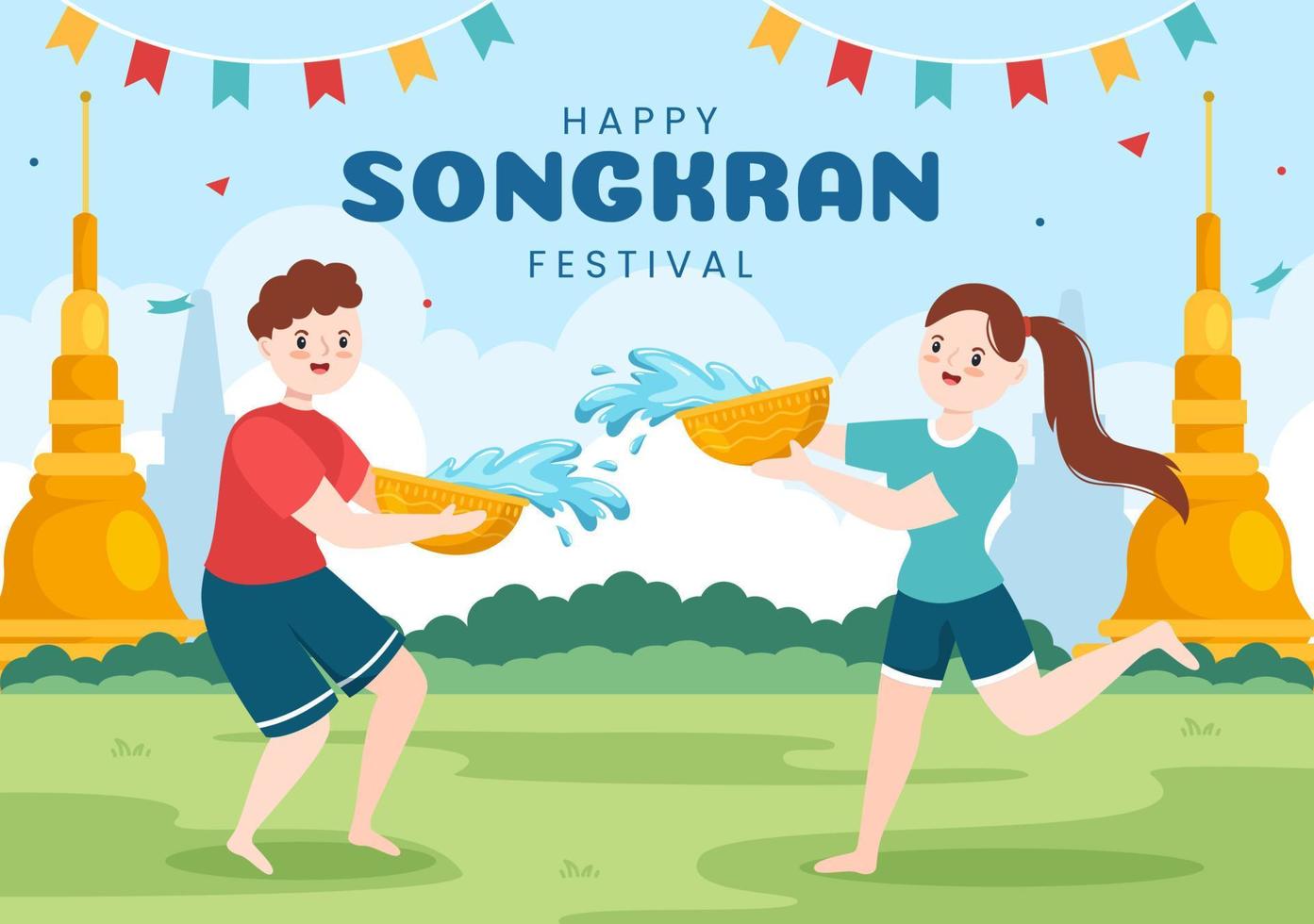 feliz dia do festival songkran ilustração de desenho animado desenhada à mão jogando arma de água na celebração da tailândia em design de plano de fundo de estilo simples vetor