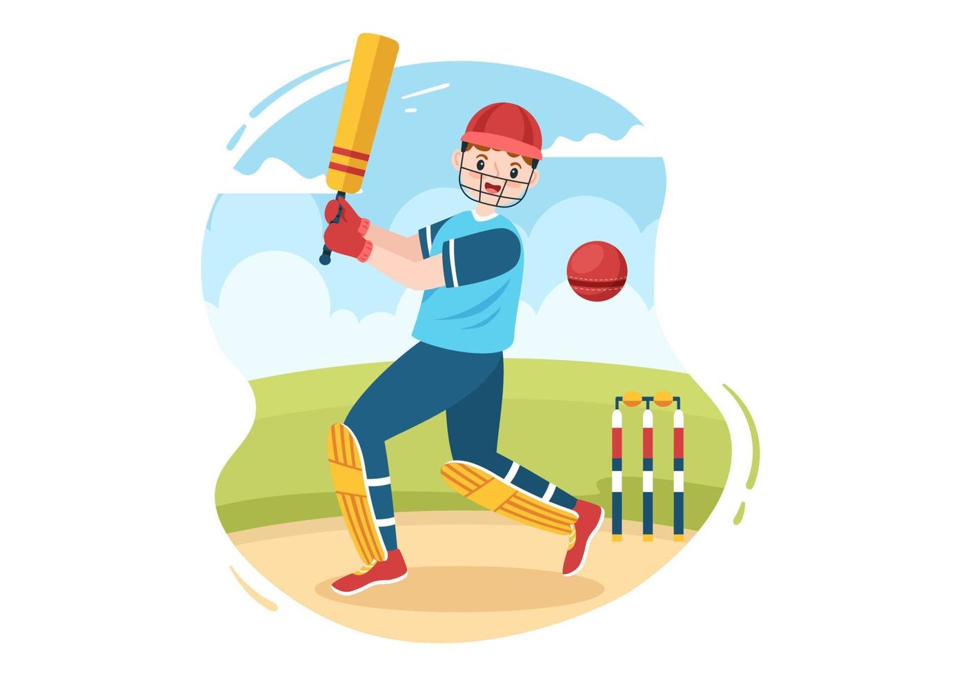 batedor jogando esportes de críquete com bola e taco em ilustração de fundo de campo de desenho animado plano vetor