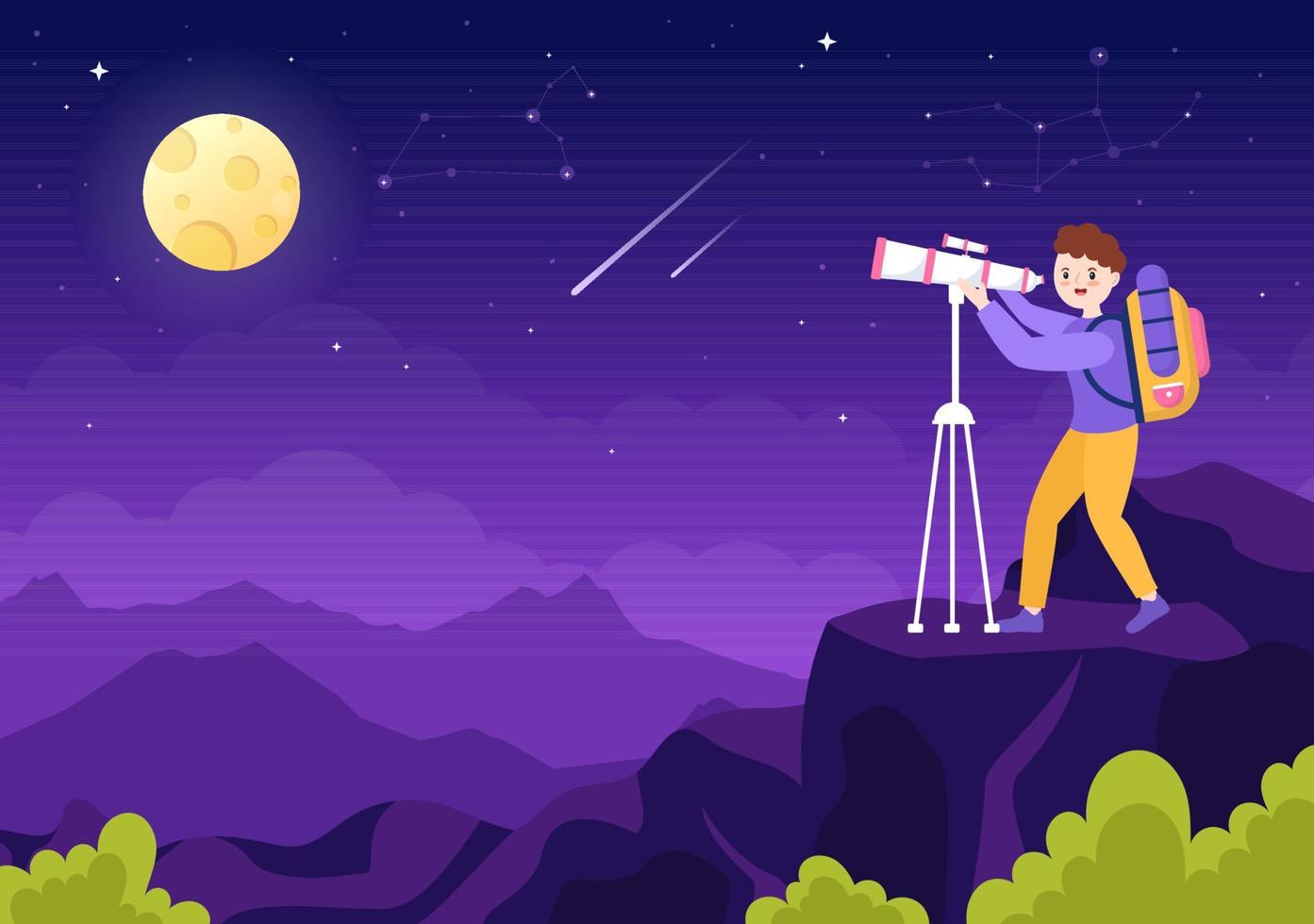 ilustração de desenhos animados de astronomia com pessoas assistindo céu estrelado à noite, galáxia e planetas no espaço sideral através do telescópio em estilo desenhado à mão plana vetor