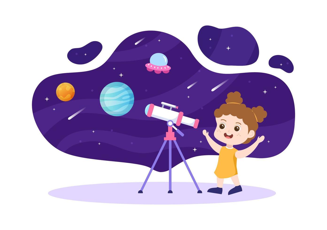 ilustração de desenhos animados de astronomia com lindos filhos assistindo céu estrelado noturno, galáxia e planetas no espaço sideral através do telescópio em estilo desenhado à mão plana vetor