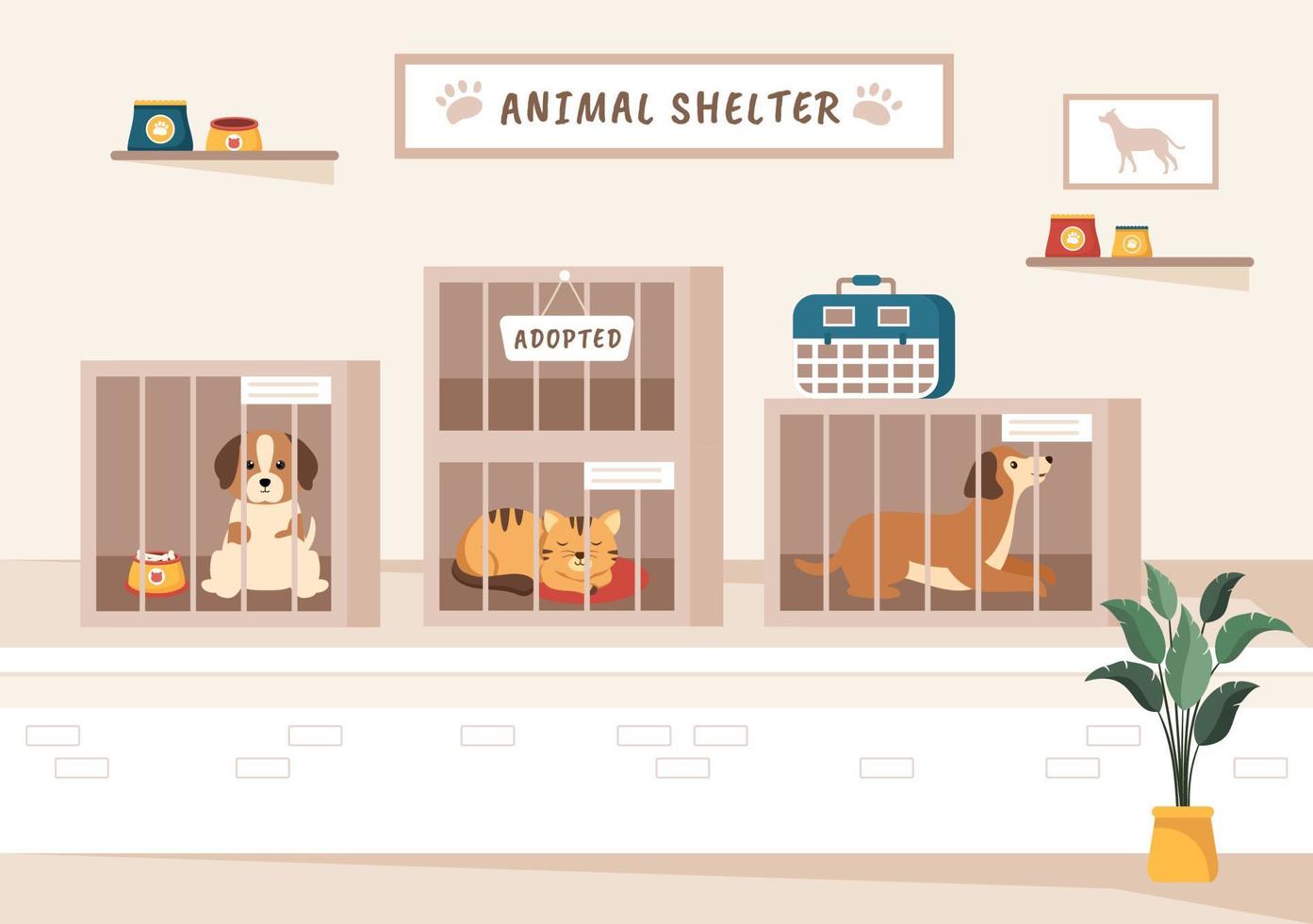 ilustração de desenhos animados de abrigo de animais com animais de estimação sentados em gaiolas e voluntários alimentando animais para adoção em design de estilo desenhado à mão plana vetor