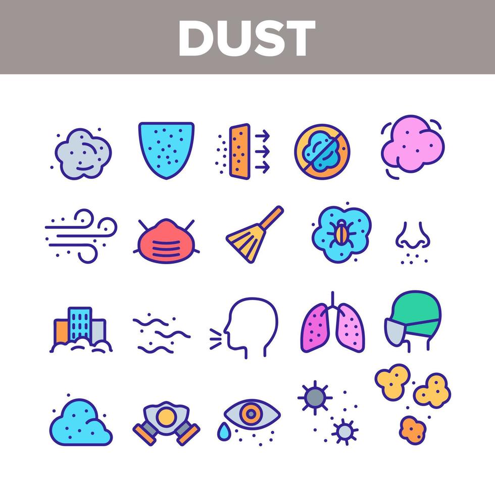 conjunto de ícones de cores de poeira e ar poluído vetor