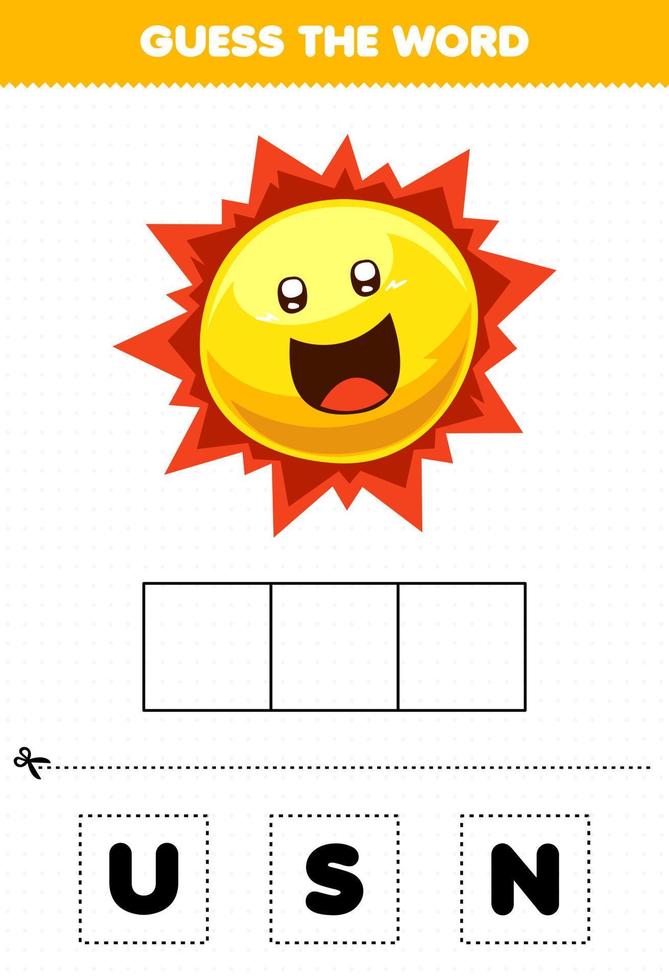 jogo de educação para crianças adivinhe as letras da palavra praticando o sol do objeto do sistema solar de desenho animado fofo vetor